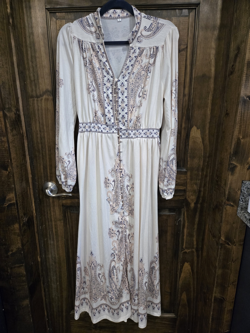 Bohemian Cream Paisley Maxi Dress with V-Neck